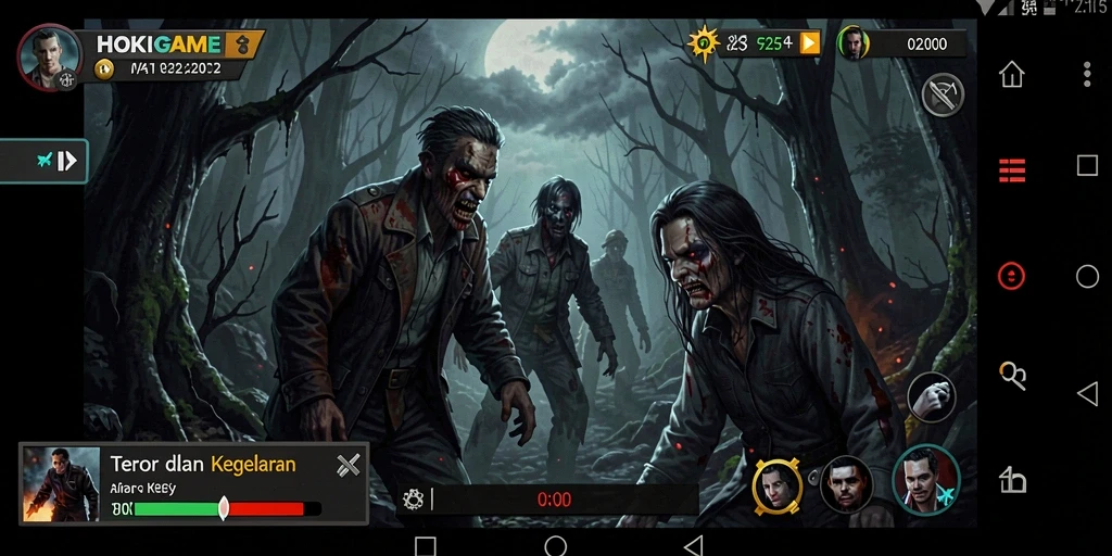 Tangkapan layar HOKIGAME menampilkan suasana menegangkan dan makhluk menyeramkan.